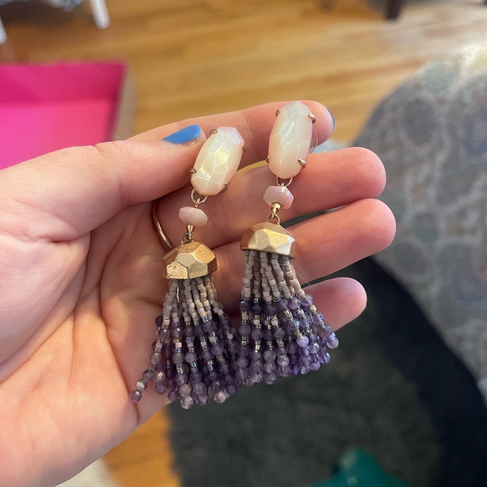 Kendra Scott lavender and rose gold beaded tassel earrings.